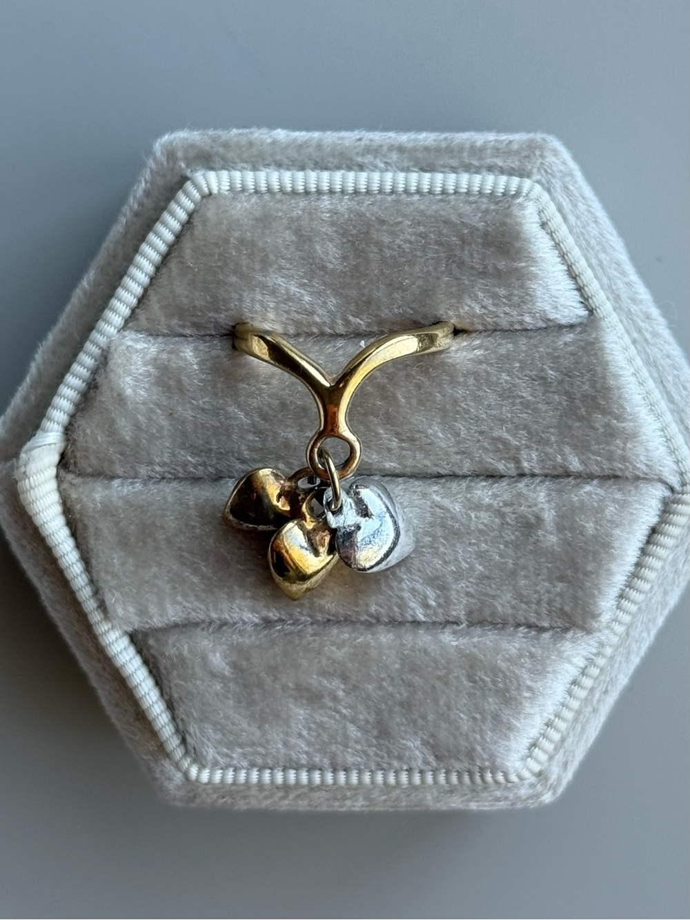 14K Solid Gold Tri-Gold Heart Charms Ring